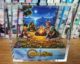 Golden Sun 2 Campfire Felix Jenna Sheba Piers, Golden Sun 2 Campfire Site 3D Diorama Cube, Handmade Crystal Diorama Cube, Unique Gift Gamers