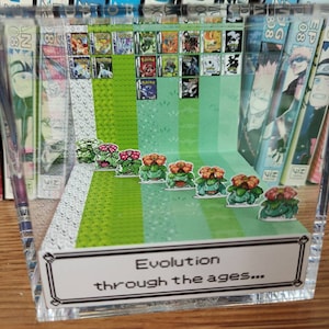 May include: A clear acrylic box with a green and white background. The box contains a series of small, green and red pixelated figures. The figures are arranged in a line, with the smallest figure at the left and the largest figure at the right. The box has a white label on the front that reads "Evolution through the ages..."