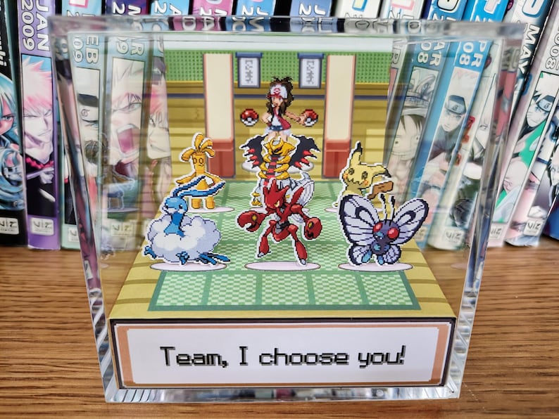 Puede incluir: Un bloque acr&iacute;lico transparente con un diorama colorido de una escena de batalla Pok&eacute;mon. La escena incluye varios personajes Pok&eacute;mon y un entrenador, con el texto "Team, I choose you!" en la parte inferior. El bloque se muestra frente a una estanter&iacute;a.