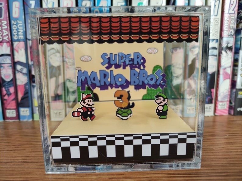 Mario Diorama Super Mario Bros 3 Super Mario Bros 3 Title, Mario 3D Diorama Cube, Handmade Crystal Diorama Cube, Unique Gift for Gamers image 2