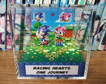 Sonic & Amy Flower Fields Pixel Art Diorama – Handmade Romantic Gamer Display, Retro Gaming Decor, Couple’s Sonic Keepsake, Sonic Amy Decor