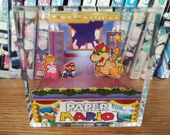 Paper Mario Opening Battle Diorama Box, Mario Princess Peach vs Bowser Pixel Art Display, Princess Peach N64 RPG Collectible Decor
