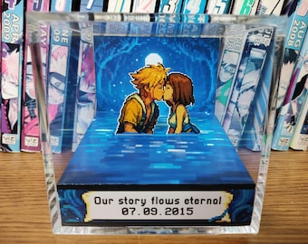 Final Fantasy X Tidus Yuna Kiss Anniversary Diorama, Customizable Date Lake Macalania Scene, Handmade Pixel Art Display, Romantic Gamer Gift