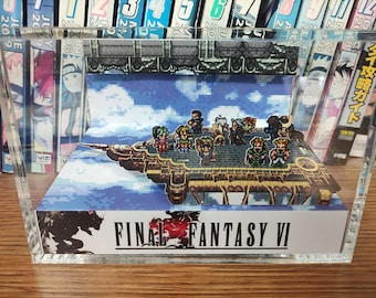 May include: A 3D diorama of the airship from Final Fantasy VI, featuring the main characters in pixelated form. The diorama is displayed in a clear acrylic case.