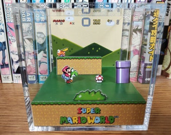 Mario Diorama - Super Mario World (Donut Plains), Mario 3D Diorama Cube, Handmade Crystal Diorama Cube, Unique Gift for Gamers
