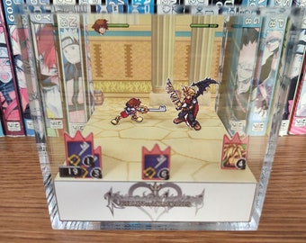 Kingdom Hearts Diorama - Sora vs Cloud, Kingdom Hearts 3D Diorama Cube, Handmade Crystal Diorama Cube, Unique Gift for Gamers
