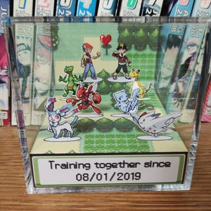 Classic green themed background. 2 Pokemon trainers in the back. There are 3 pokemon in front of each, for you to choose, a total of 6 Pokemon. At the front of the Pokemon is the anniversary/valentines date choosen. Pokemon anniversary/valentines!