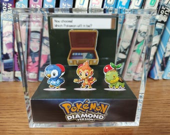 Pokemon Diamond Pearl Starters (Turtwig, Chimchar, Piplup), Pokemon Diorama Cube, Pokemon Handmade Crystal Diorama Cube, Unique Gamers Gift