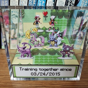 Classic green themed background. 2 Pokemon trainers in the back. There are 3 pokemon in front of each, for you to choose, a total of 6 Pokemon. At the front of the Pokemon is the anniversary/valentines date choosen. Pokemon anniversary/valentines!