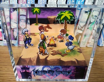 Kingdom Hearts Campfire Diorama , Sora, Kairi, Riku, Donald Duck & Goofy, Handmade Pixel Art Display Cube, Retro Gaming Collectible Decor