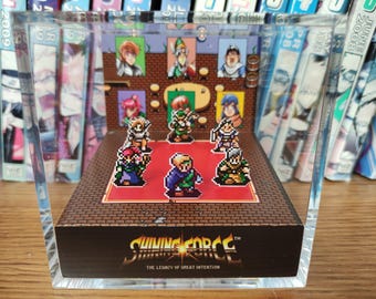 Shining Force Team Diorama TLOGI, Max Lowe Luke Hans Tao Ken Pixel Art Display, Retro Sega RPG Collectible, Classic Strategy RPG Art