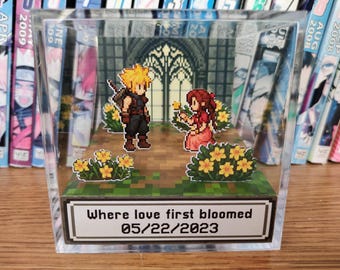 Final Fantasy Cloud Aerith Love Anniversary Diorama , Custom Date, Handmade Pixel Art Display, Romantic Retro Gaming Collectible
