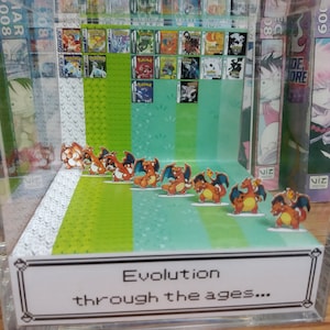 May include: A clear acrylic box with a diorama of the Pokemon Charmander evolving into Charmeleon and then Charizard. The diorama is set against a green and blue background with the text "Evolution through the ages..." at the bottom.