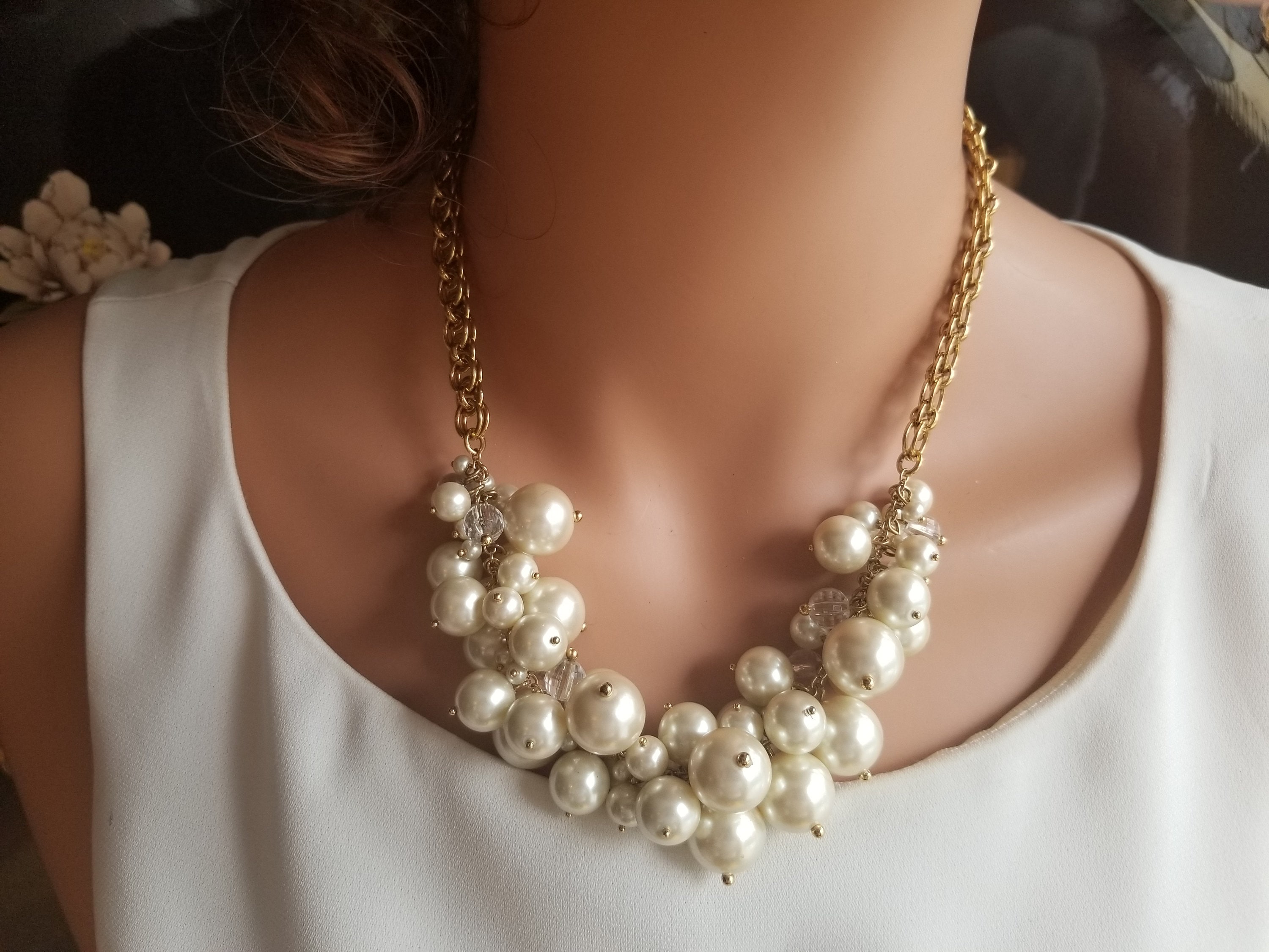 Vintage J Crew Designer Gold Pearl Beaded Formal Necklace Etsy