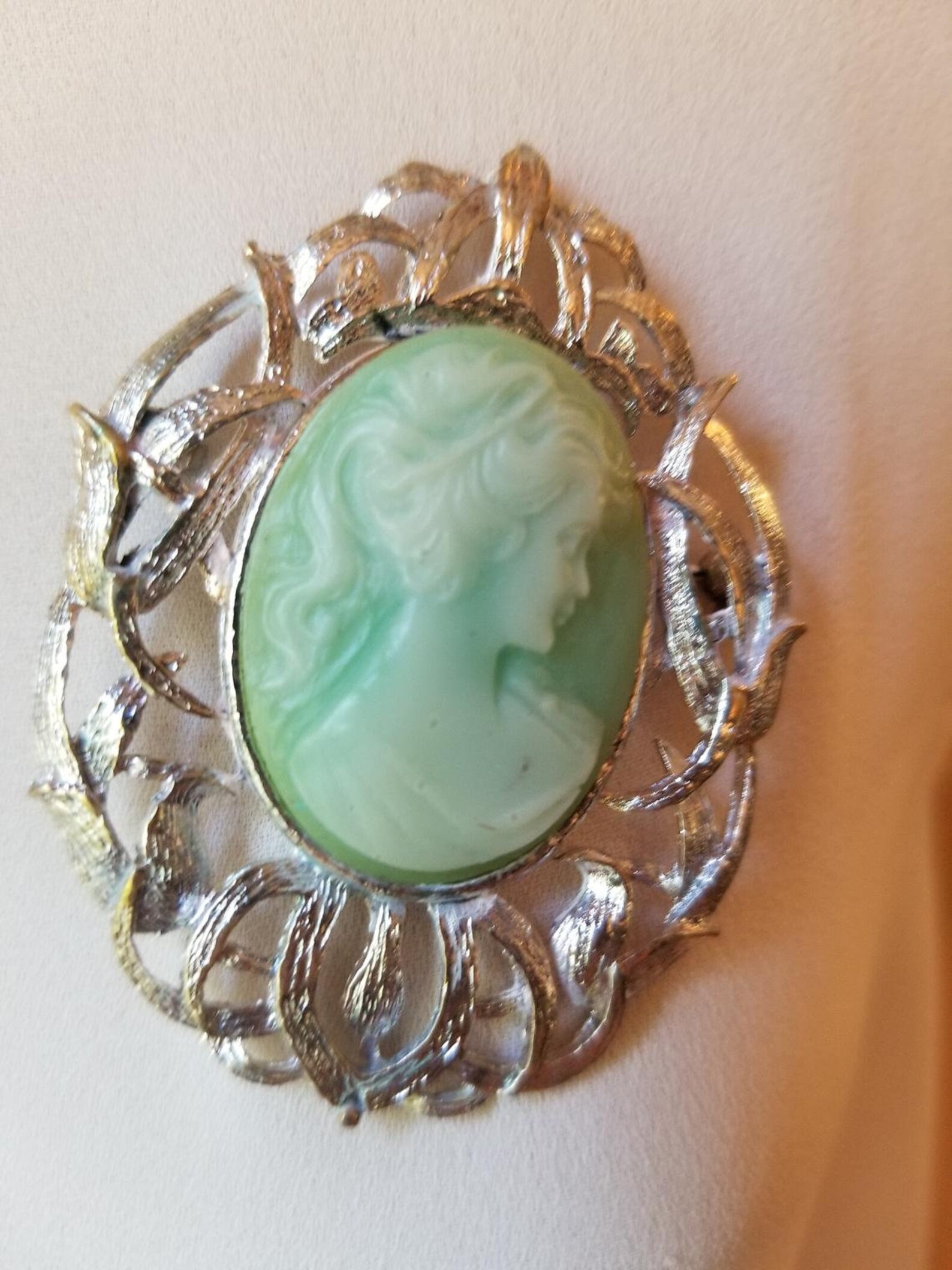 Vintage Pale Green Cameo Silver Brooch Pin Green Etsy