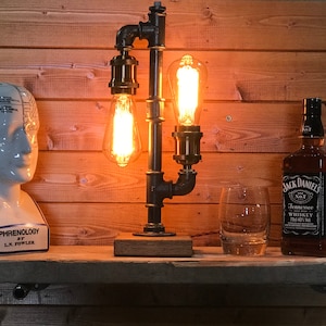Industrial Table Lamp, Upcycled Steampunk, Retro, Oak Base, Mancave Complete with Edison Bulbs and switch
