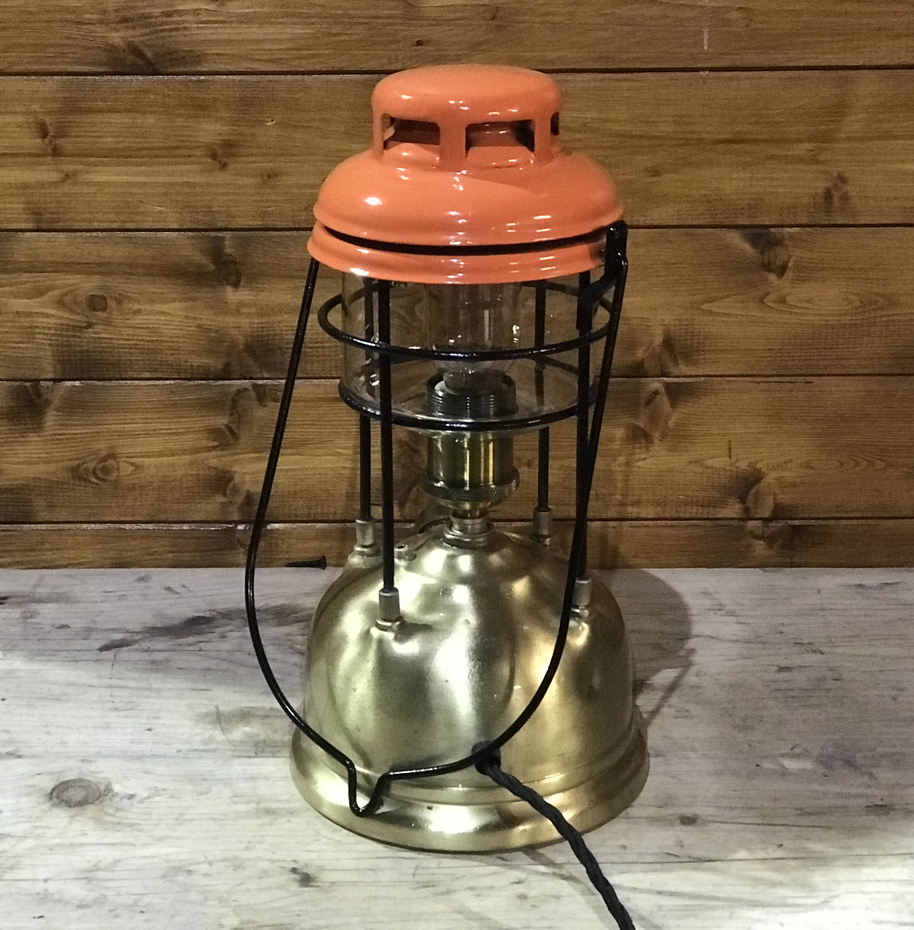 Vintage 1950's Tilley Lamp, Orange Hood, Electric Conversion Table