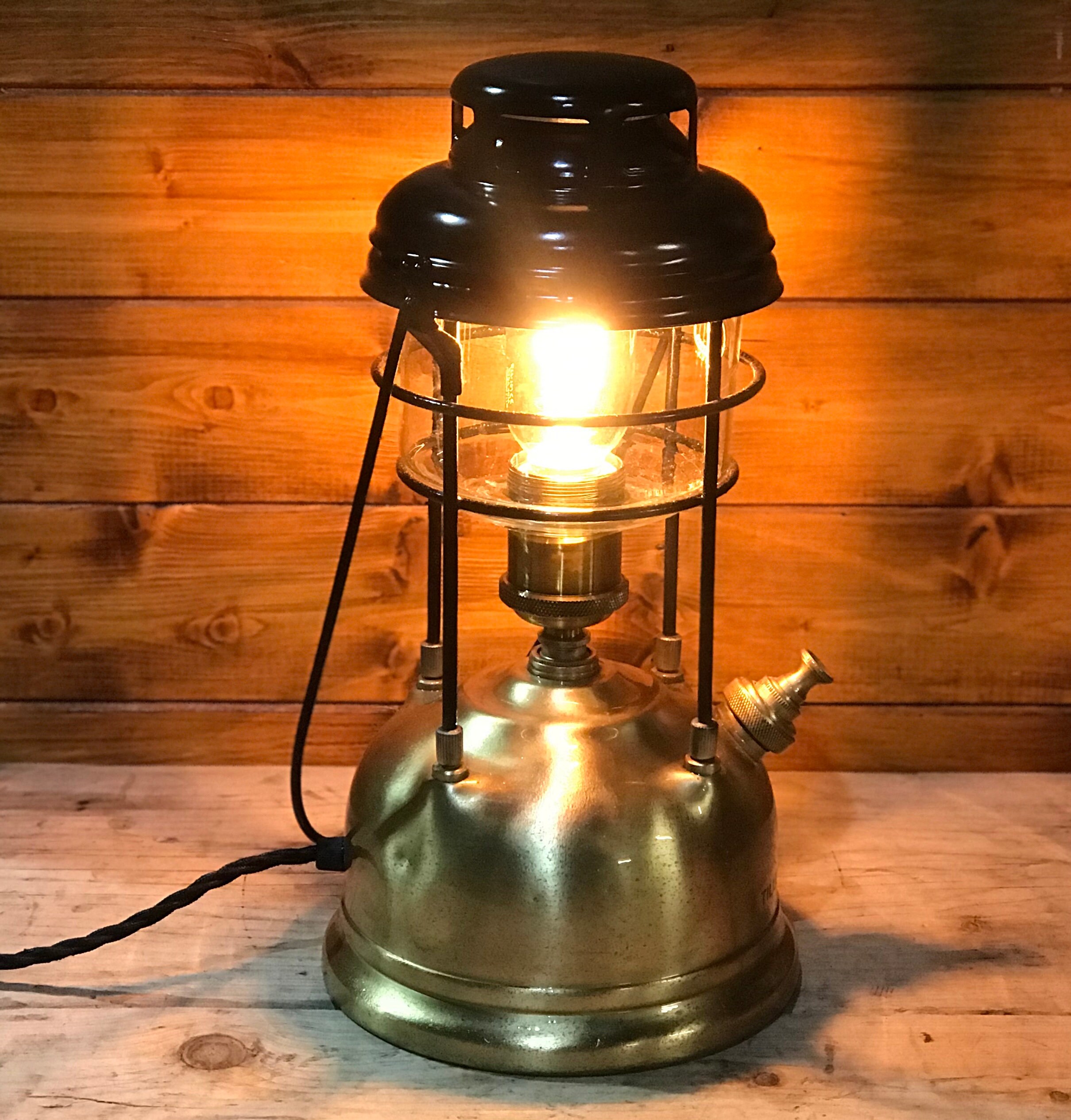 Vintage 1950's Tilley Lamp, Black Hood, Electric Conversion Table