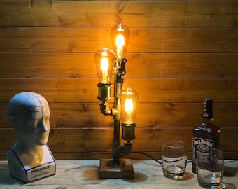 Industrial Table Lamp, Upcycled Steampunk, Retro, Triple Edison Bulb, Oak Base, Mancave Complete with Edison Bulbs and switch