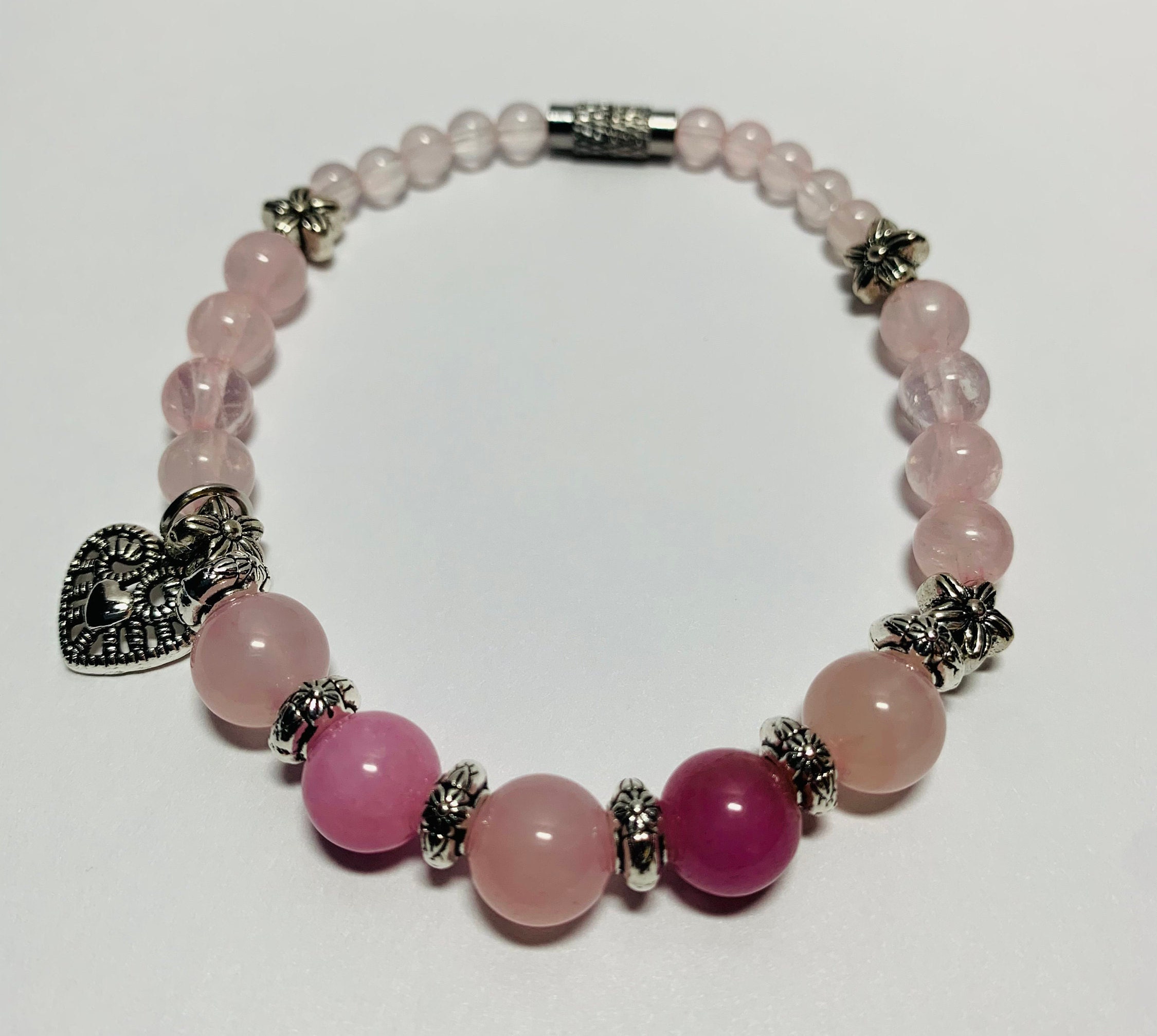 Pink Quartz Bracelet With Metal Heart Charm Etsy