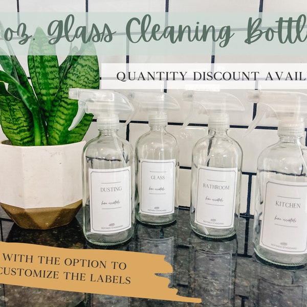 Glass SPRAY BOTTLE w/LABEL | Full Set | Amber or Clear | Customization Available | Elegant Collection | Bottle and Label | Organized Home