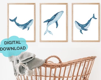 Nautical Whale Watercolor Nursery Print Set | Digital Download Printable Baby Room Decor | Gender Neutral | 5 Prints | Printable Wall Art