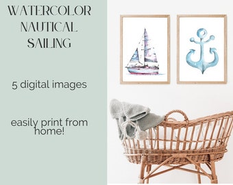 Nautical Sailboat Watercolor Nursery Print Set | Digital Download Printable Baby Room Decor | Gender Neutral | 5 Prints | Printable Wall Art