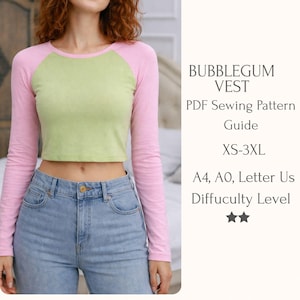 May include: A cropped long-sleeve top with a light green body and pink sleeves. The text "BUBBLEGUM VEST" and other details about a PDF sewing pattern are visible on the right side of the image.