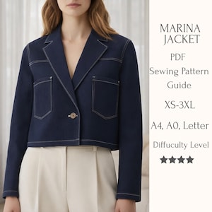 Cropped Blazer Sewing Pattern PDF,Loose, Short Jacket for Women,Marina Denim Jacket Guide, XS-3XL,Instant Download,Detailed Sewing Guide