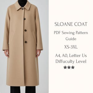 Oversized winterjas naaigids pdf, naaipatroon lange jas voor dames, trenchcoat, XS-3XL, 7-maten, gedetailleerde gids voor gevorderden A4 A0