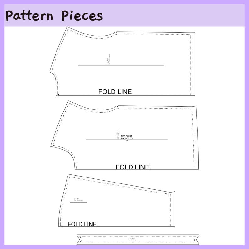 May include: A digital sewing pattern sheet titled Pattern Pieces featuring black line drawings of garment components. The layout includes three main body sections labeled FOLD LINE and a narrow rectangular strip, all on a white background.