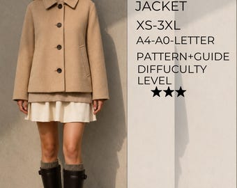 Puede incluir: Una chaqueta beige con cuello y cuatro botones oscuros, combinada con una falda color crema y botas negras. El texto dice: SLOANE JACKET, XS-3XL, A4-A0-LETTER, PATTERN+GUIDE, DIFFICULTY LEVEL y tres estrellas. La chaqueta tiene mangas largas y bolsillos.