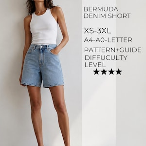 May include: A white tank top and light blue denim Bermuda shorts. Text reads: BERMUDA DENIM SHORT, XS-3XL, A4-A0-LETTER, PATTERN+GUIDE, DIFFUCULTY LEVEL, and four star icons. The shorts feature a high-rise waist, five pockets, and a button fly.