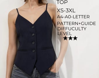 May include: A dark navy blue strappy vest top with a V-neckline, four front buttons, and two welt pockets. Text on the right reads: STRAPPY VEST TOP, XS-3XL, A4-A0-LETTER, PATTERN+GUIDE, DIFFICULTY LEVEL, and three black stars indicating the skill level.