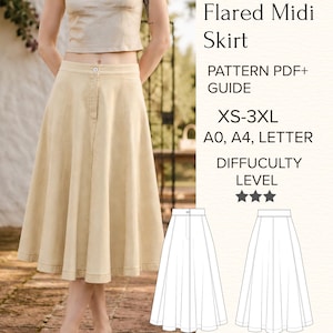 May include: A beige flared midi skirt with a button closure and waistband, shown in a sewing pattern PDF guide. The text includes Flared Midi Skirt, PATTERN PDF+ GUIDE, XS-3XL, A0, A4, LETTER, and DIFFICULTY LEVEL with three stars shown below.