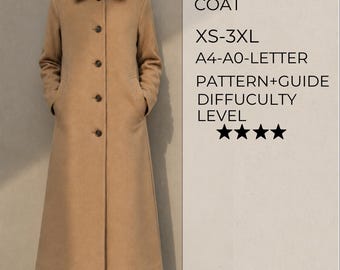 Puede incluir: Un abrigo largo de color beige con cuello y cinco botones oscuros en la parte delantera. El texto a la derecha dice: SLOANE COAT, XS-3XL, A4-A0-LETTER, PATTERN+GUIDE, DIFFICULTY LEVEL, con cuatro estrellas negras que indican el nivel de dificultad.