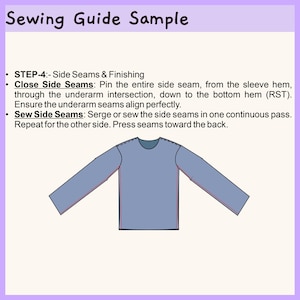 May include: A sewing guide sample titled Sewing Guide Sample, Step-4: Side Seams & Finishing. It provides instructions to pin, serge, or sew side seams from sleeve hem to bottom hem. A blue long-sleeve shirt illustration shows the side seams.