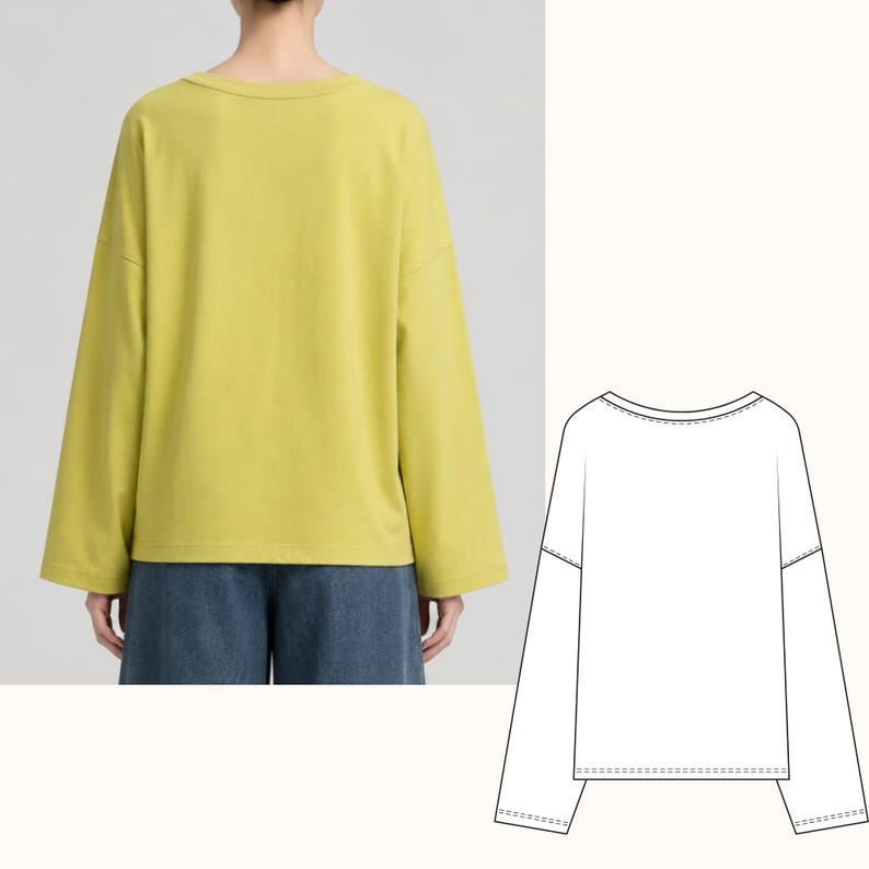 May include: A chartreuse long-sleeve shirt with a wide, rounded neckline and dropped shoulder seams. The garment features a loose, boxy fit with straight-cut sleeves and a straight hemline, accompanied by a black and white line drawing sketch.