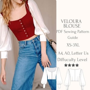Mönster för blus med biskopsärm, elegant skjorta med knappar, topp med rund halsringning, vintageskjorta, långärmad lykta, puffig ballongärm, poetskjorta