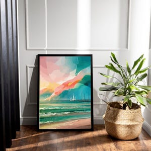 Pastel Beach Landspace, Printable Wall Art,Print, Fine Art,Digital Art,Painting,Digital Download,Minimalist Beach Painting,Coastal Wall Art