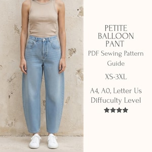 May include: A person wearing a beige tank top and light blue balloon pants with white sneakers. The pants are high-waisted and have a relaxed fit. Text on the right says "PETITE BALLOON PANT" and "PDF Sewing Pattern Guide".