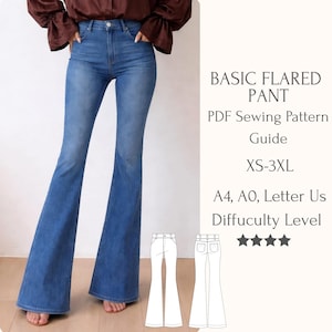May include: Blue denim flared pants. The pants are high-waisted and have a wide leg opening. The image also includes text that reads "BASIC FLARED PANT PDF Sewing Pattern Guide XS-3XL A4, AO, Letter Us Diffuculty Level".