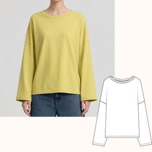 May include: A chartreuse long-sleeve shirt with a crew neckline and dropped shoulder seams. The garment features wide, straight sleeves and a straight hemline. A black and white line drawing of the shirt is displayed next to the garment.