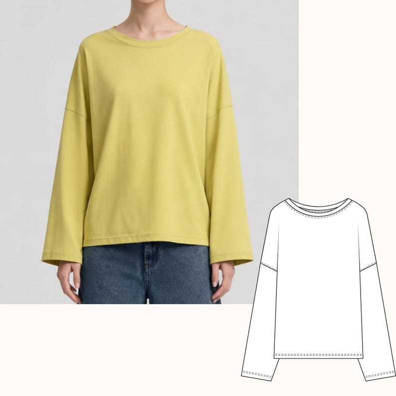 May include: A chartreuse long-sleeve shirt with a crew neckline and dropped shoulder seams. The garment features wide, straight sleeves and a straight hemline. A black and white line drawing of the shirt is displayed next to the garment.