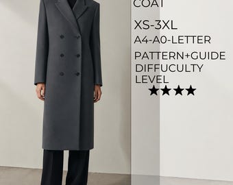 Puede incluir: Un abrigo gris carbón de doble botonadura con solapas de muesca y seis botones. El texto a la derecha dice: METROPOLITAN COAT, XS-3XL, A4-A0-LETTER, PATTERN+GUIDE, DIFFICULTY LEVEL, y cuatro estrellas negras que indican el nivel.
