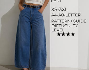 Puede incluir: Patrón y guía de costura para pantalón tipo barril ovoid. Incluye tallas XS-3XL y formatos A4-A0-LETTER. El texto OVOID BARREL PANT, XS-3XL, A4-A0-LETTER, PATTERN+GUIDE, DIFFICULTY LEVEL y cuatro estrellas aparecen a la derecha.
