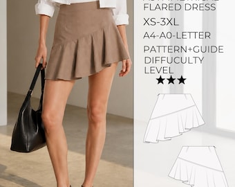 Puede incluir: Una falda corta asimétrica de color topo con dobladillo acampanado y cintura alta. El texto dice MINI ASYMMETRICAL FLARED DRESS XS-3XL A4-A0-LETTER PATTERN+GUIDE DIFFICULTY LEVEL. Dos dibujos lineales muestran el diseño de la falda.
