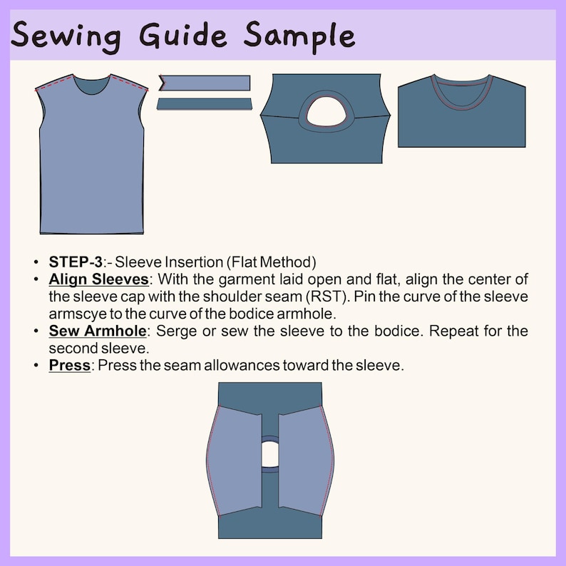 May include: A sewing guide sample titled Sewing Guide Sample showing step 3 for sleeve insertion. The graphic displays blue garment pattern pieces, including a bodice and sleeves, with text instructions for aligning, sewing, and pressing seams.