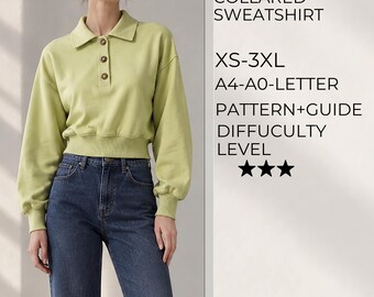 Patrón de sudadera Henley con cuello, hombros caídos, manga larga, top corto, guía de costura en PDF, tallas XS-3XL