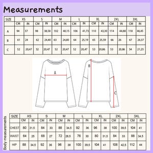 May include: A size chart for a long-sleeve shirt featuring two tables labeled Measurements and Body measurements. The image includes a line drawing of the front and back of a shirt with red lines labeled A, B, and C indicating specific dimensions.